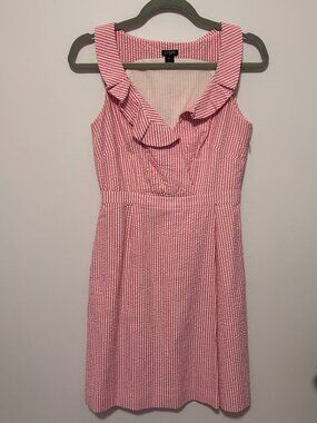J. Crew Sleeveless Midi Dress - Pink & White Striped Seersucker w/ Ruffle Collar